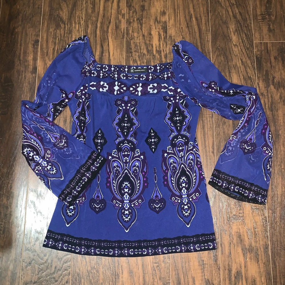 INC Blue with purple accents.  Long sleeve square neck top size M.